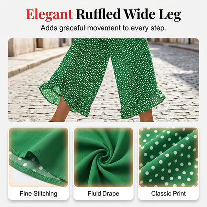 🌸 Weite Damenhose mit hoher Taille – Punkte-Print, Rüschensaum, figurbetonend & luftig leicht. ✨