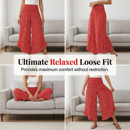 🌸 Weite Damenhose mit hoher Taille – Punkte-Print, Rüschensaum, figurbetonend & luftig leicht. ✨