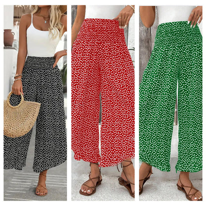 🌸 Weite Damenhose mit hoher Taille – Punkte-Print, Rüschensaum, figurbetonend & luftig leicht. ✨