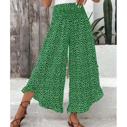 🌸 Weite Damenhose mit hoher Taille – Punkte-Print, Rüschensaum, figurbetonend & luftig leicht. ✨