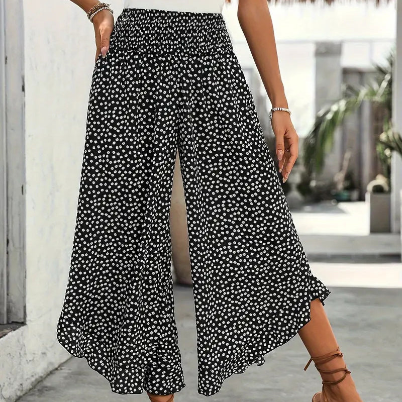 🌸 Weite Damenhose mit hoher Taille – Punkte-Print, Rüschensaum, figurbetonend & luftig leicht. ✨