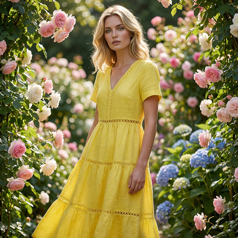 Elegantes Damenkleid mit V-Ausschnitt und Spitzeneinsätzen