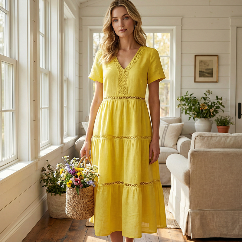 Elegantes Damenkleid mit V-Ausschnitt und Spitzeneinsätzen
