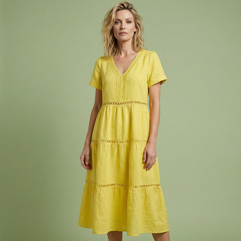 Elegantes Damenkleid mit V-Ausschnitt und Spitzeneinsätzen