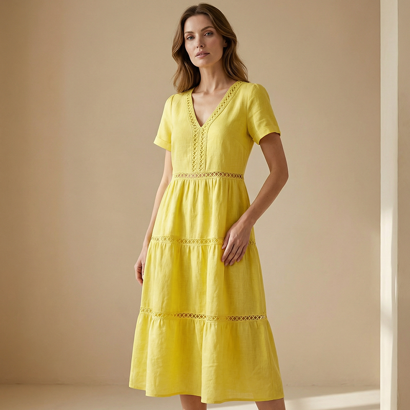 Elegantes Damenkleid mit V-Ausschnitt und Spitzeneinsätzen