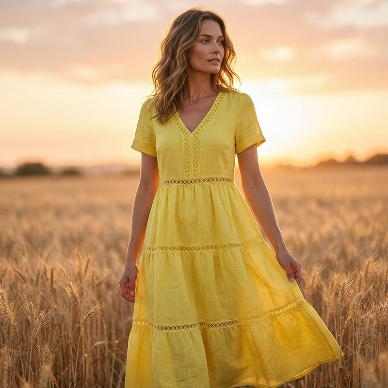 Elegantes Damenkleid mit V-Ausschnitt und Spitzeneinsätzen