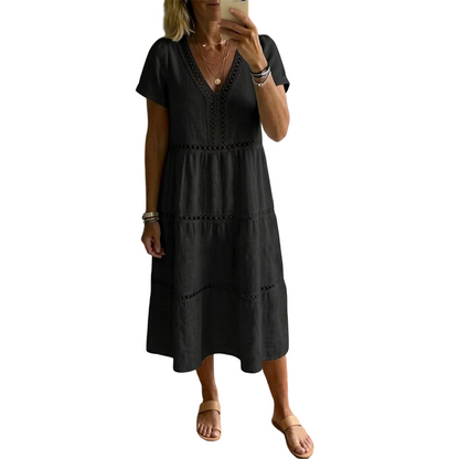 Elegantes Damenkleid mit V-Ausschnitt und Spitzeneinsätzen
