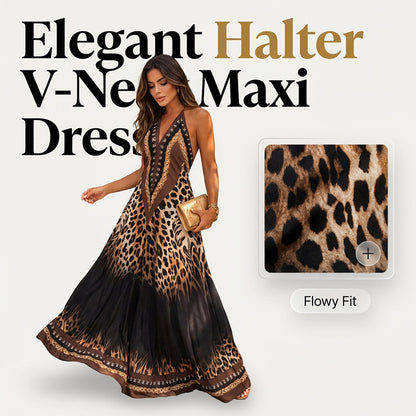 Maxikleid mit Neckholder und V-Ausschnitt im Animal-Print