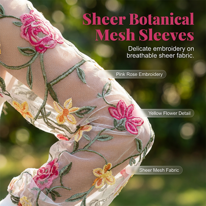 Damenkleid mit floralen Stickereien und Mesh-Ärmeln