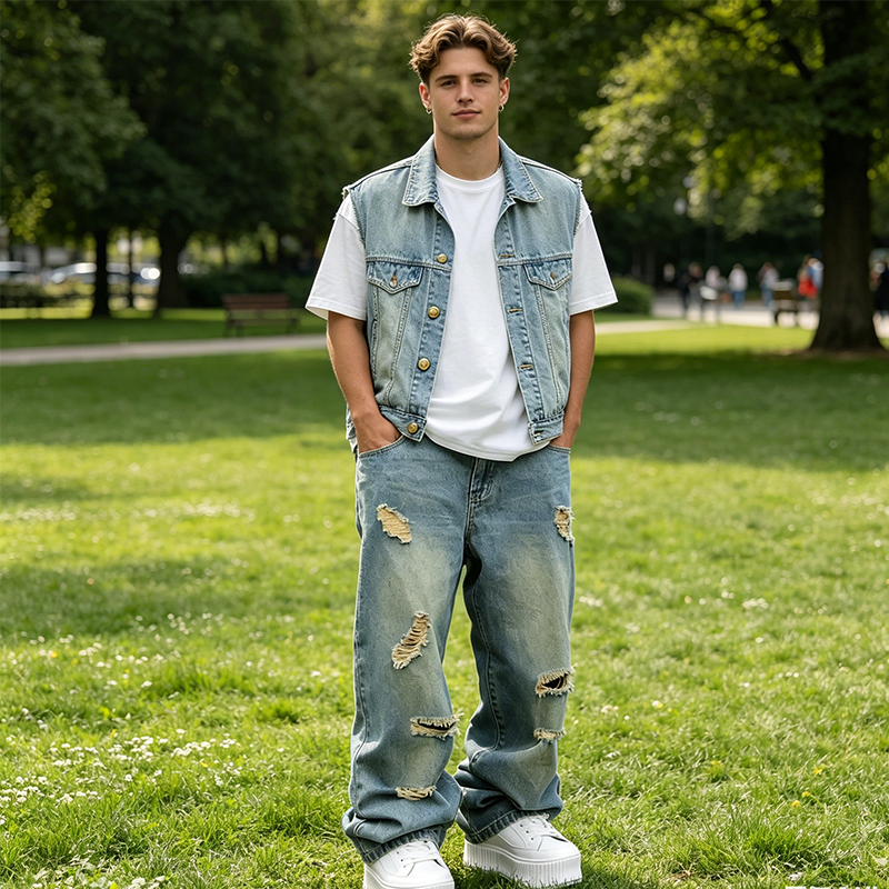 Herren-Jeans mit geradem Bein, Oversize-Passform und Ripped-Effekt