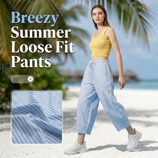 Lässige Damenhose aus Baumwoll-Leinen-Mischgewebe mit Karomuster und Kordelzug für den Sommer