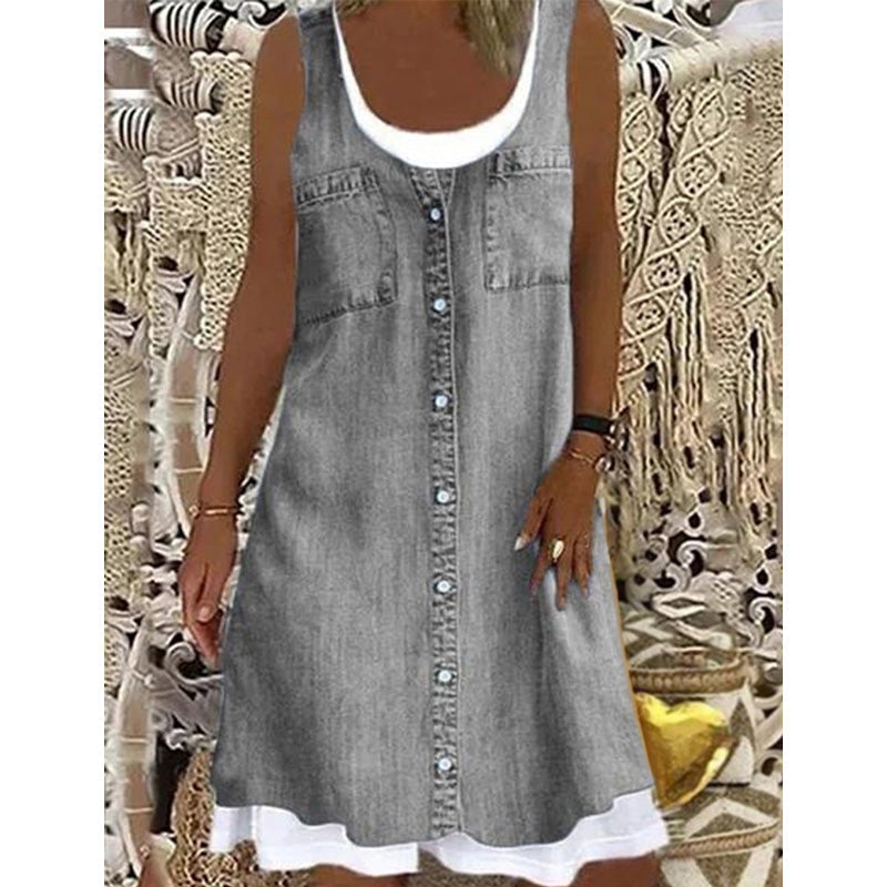 💙Zweiteiliges Damenkleid aus Kunstleder mit Jeansprint – stylischer 2-in-1-Look, bequem & vielseitig – perfekt für Partys, Ausflüge & besondere Anlässe