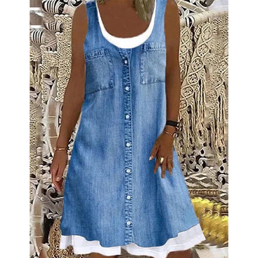 💙Zweiteiliges Damenkleid aus Kunstleder mit Jeansprint – stylischer 2-in-1-Look, bequem & vielseitig – perfekt für Partys, Ausflüge & besondere Anlässe
