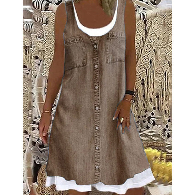 💙Zweiteiliges Damenkleid aus Kunstleder mit Jeansprint – stylischer 2-in-1-Look, bequem & vielseitig – perfekt für Partys, Ausflüge & besondere Anlässe