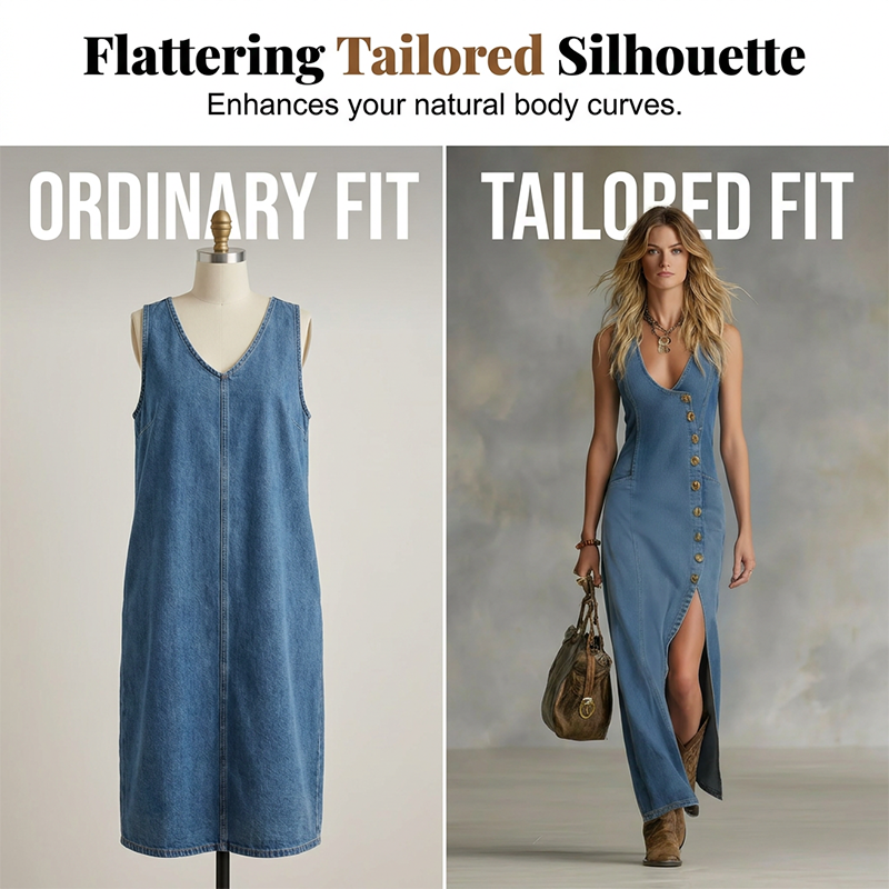 👗 Ärmelloses Maxikleid aus Denim mit V-Ausschnitt und Knopfleiste – lässiger Look, figurschmeichelnd & vielseitig – perfekt für Alltag, Strand & Freizeit