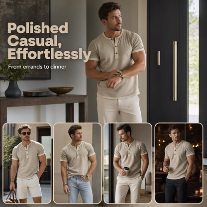 🌿 Kurzärmeliges, atmungsaktives Henley-Shirt mit Kontrast