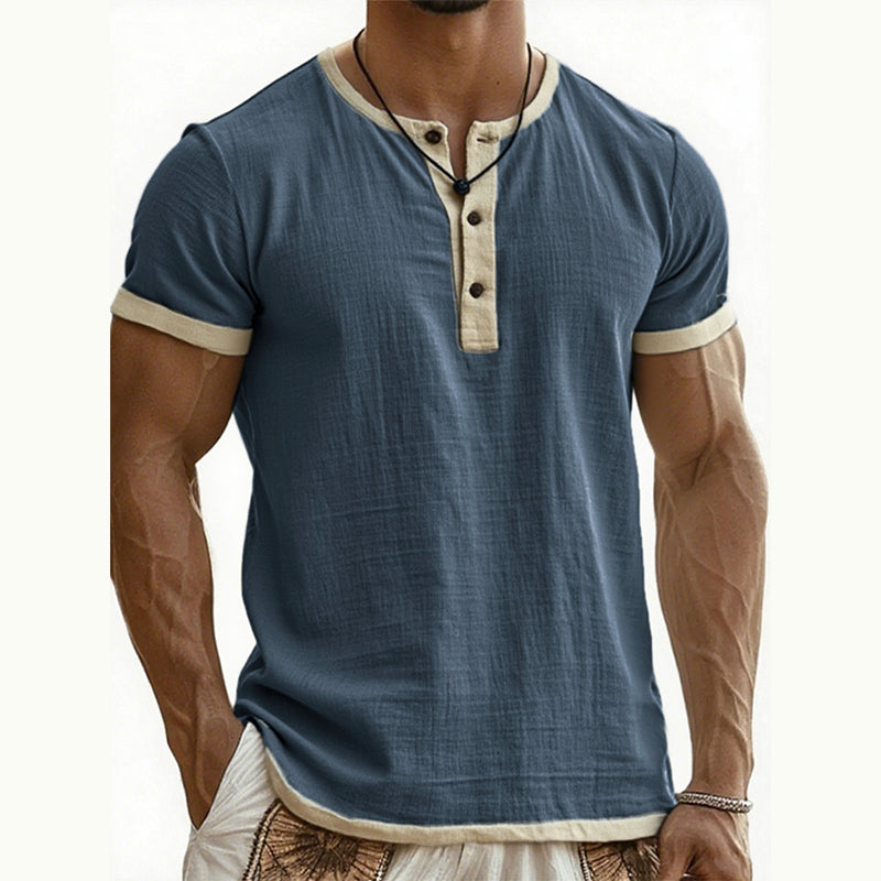 🌿 Kurzärmeliges, atmungsaktives Henley-Shirt mit Kontrast