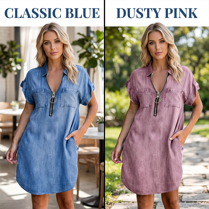 Lässiges Jeanshemdkleid für Damen, locker geschnitten, mit Reverskragen, kurzen Ärmeln, Reißverschluss und Taschen