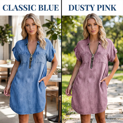 Lässiges Jeanshemdkleid für Damen, locker geschnitten, mit Reverskragen, kurzen Ärmeln, Reißverschluss und Taschen