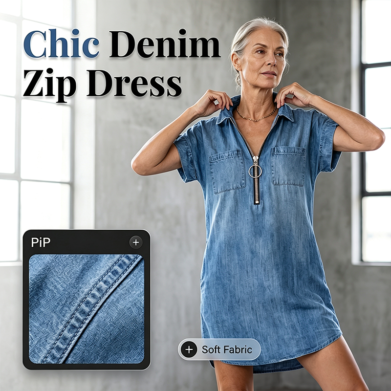 Lässiges Jeanshemdkleid für Damen, locker geschnitten, mit Reverskragen, kurzen Ärmeln, Reißverschluss und Taschen