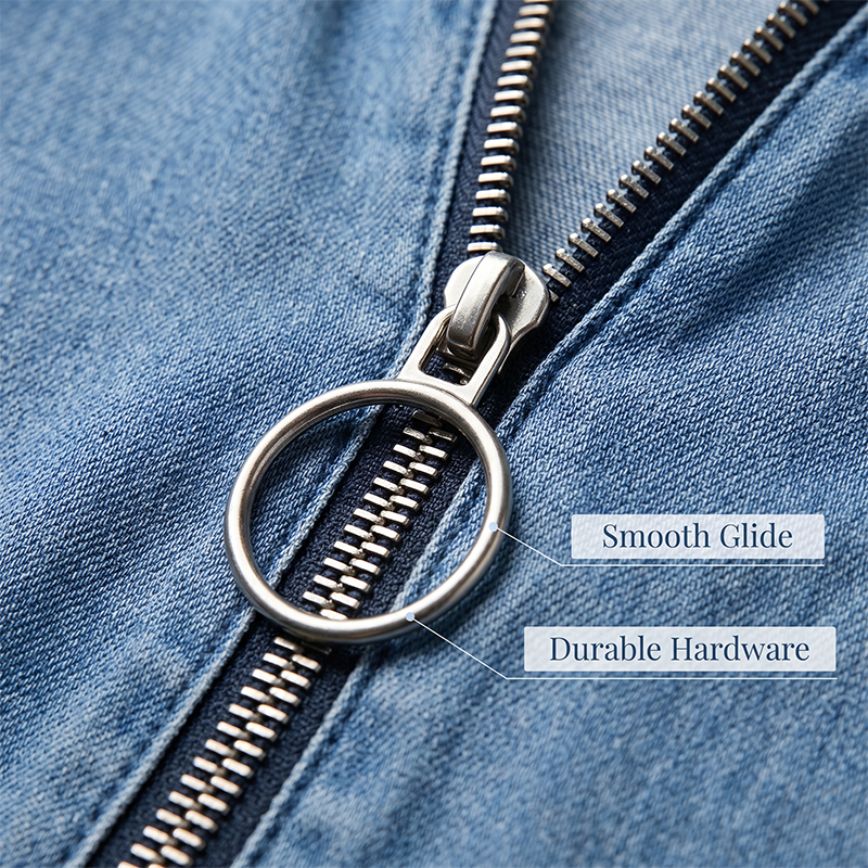 Lässiges Jeanshemdkleid für Damen, locker geschnitten, mit Reverskragen, kurzen Ärmeln, Reißverschluss und Taschen
