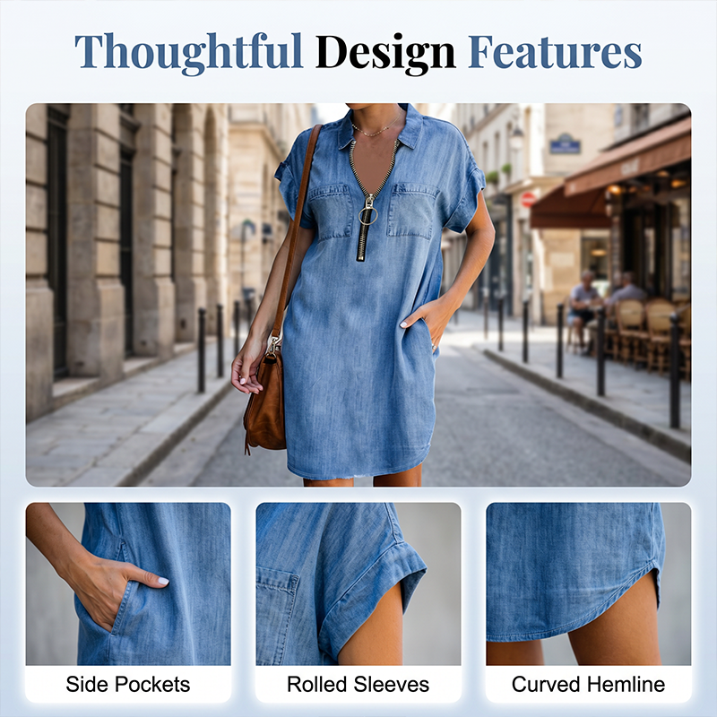 Lässiges Jeanshemdkleid für Damen, locker geschnitten, mit Reverskragen, kurzen Ärmeln, Reißverschluss und Taschen
