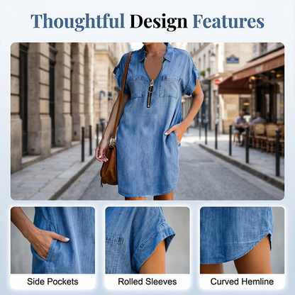Lässiges Jeanshemdkleid für Damen, locker geschnitten, mit Reverskragen, kurzen Ärmeln, Reißverschluss und Taschen
