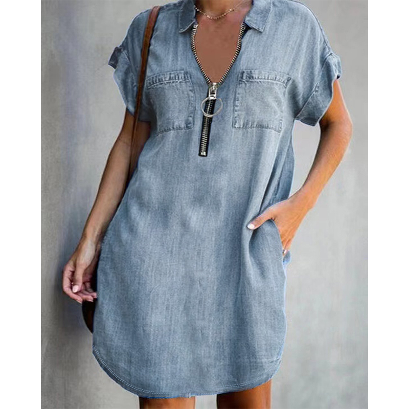Lässiges Jeanshemdkleid für Damen, locker geschnitten, mit Reverskragen, kurzen Ärmeln, Reißverschluss und Taschen