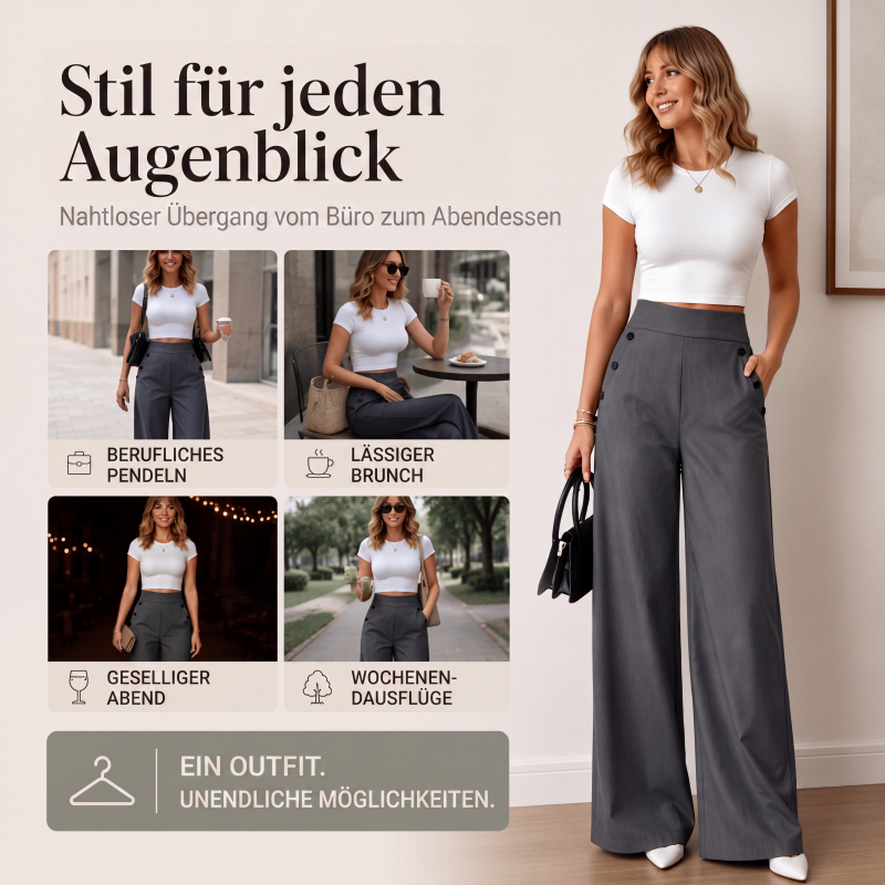 Damen-Hochbund-Hosen mit weitem Bein und seitlichen Knöpfen
