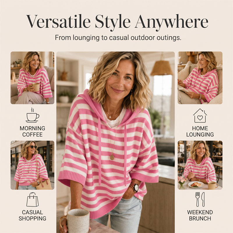 ✨🛍️Neu eingetroffen – Lässiger Kapuzenpullover mit Streifen – Einfache Mode für den Kaffee-Besuch oder entspannte Tage