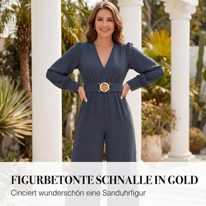 Elegante Jumpsuit mit V-Ausschnitt, weitem Bein und Gürtel