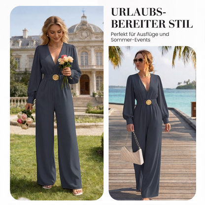 Elegante Jumpsuit mit V-Ausschnitt, weitem Bein und Gürtel