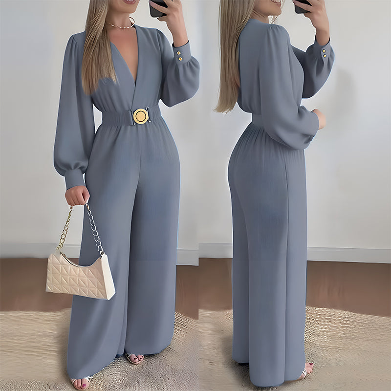 Elegante Jumpsuit mit V-Ausschnitt, weitem Bein und Gürtel