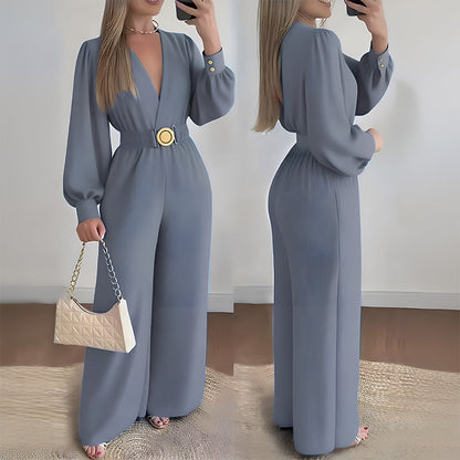 Elegante Jumpsuit mit V-Ausschnitt, weitem Bein und Gürtel