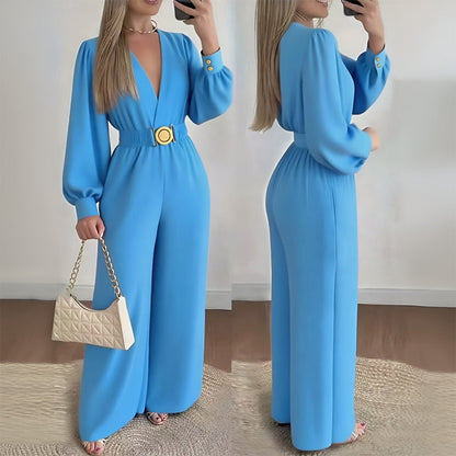 Elegante Jumpsuit mit V-Ausschnitt, weitem Bein und Gürtel