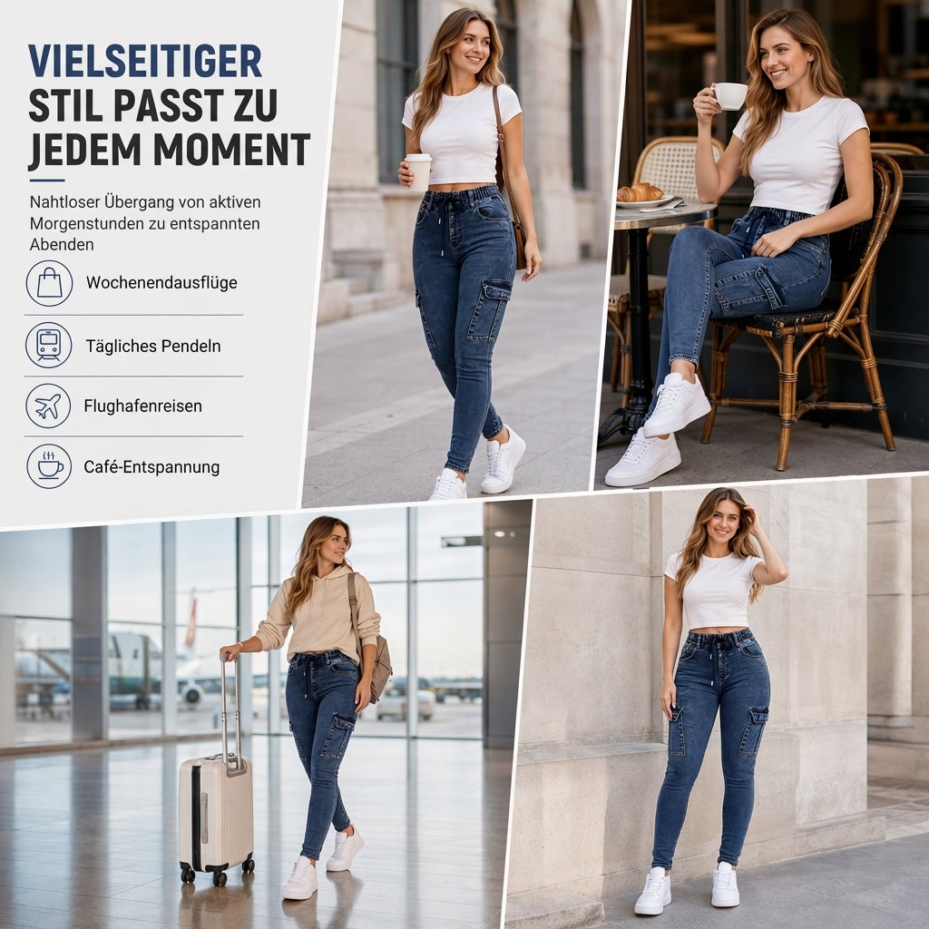 Damen High-Waist elastische Cargo-Jeggings mit Kordelzug, Skinny Jeanshose