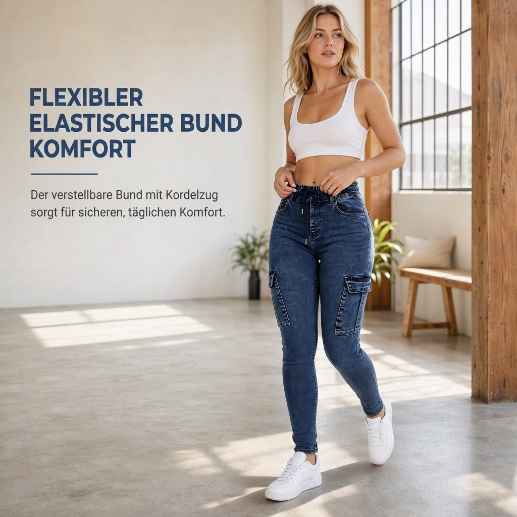Damen High-Waist elastische Cargo-Jeggings mit Kordelzug, Skinny Jeanshose