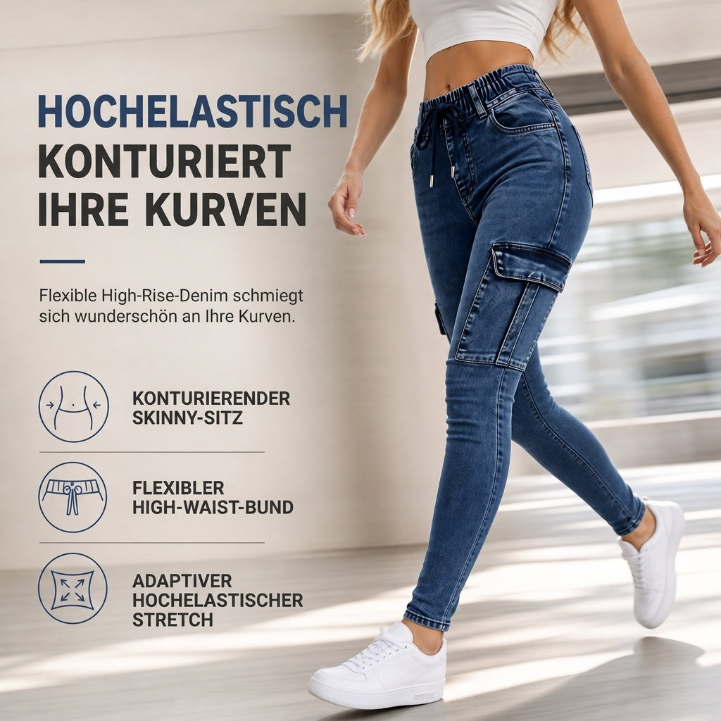 Damen High-Waist elastische Cargo-Jeggings mit Kordelzug, Skinny Jeanshose