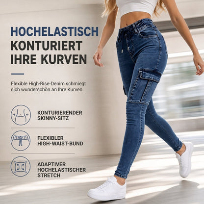 Damen High-Waist elastische Cargo-Jeggings mit Kordelzug, Skinny Jeanshose