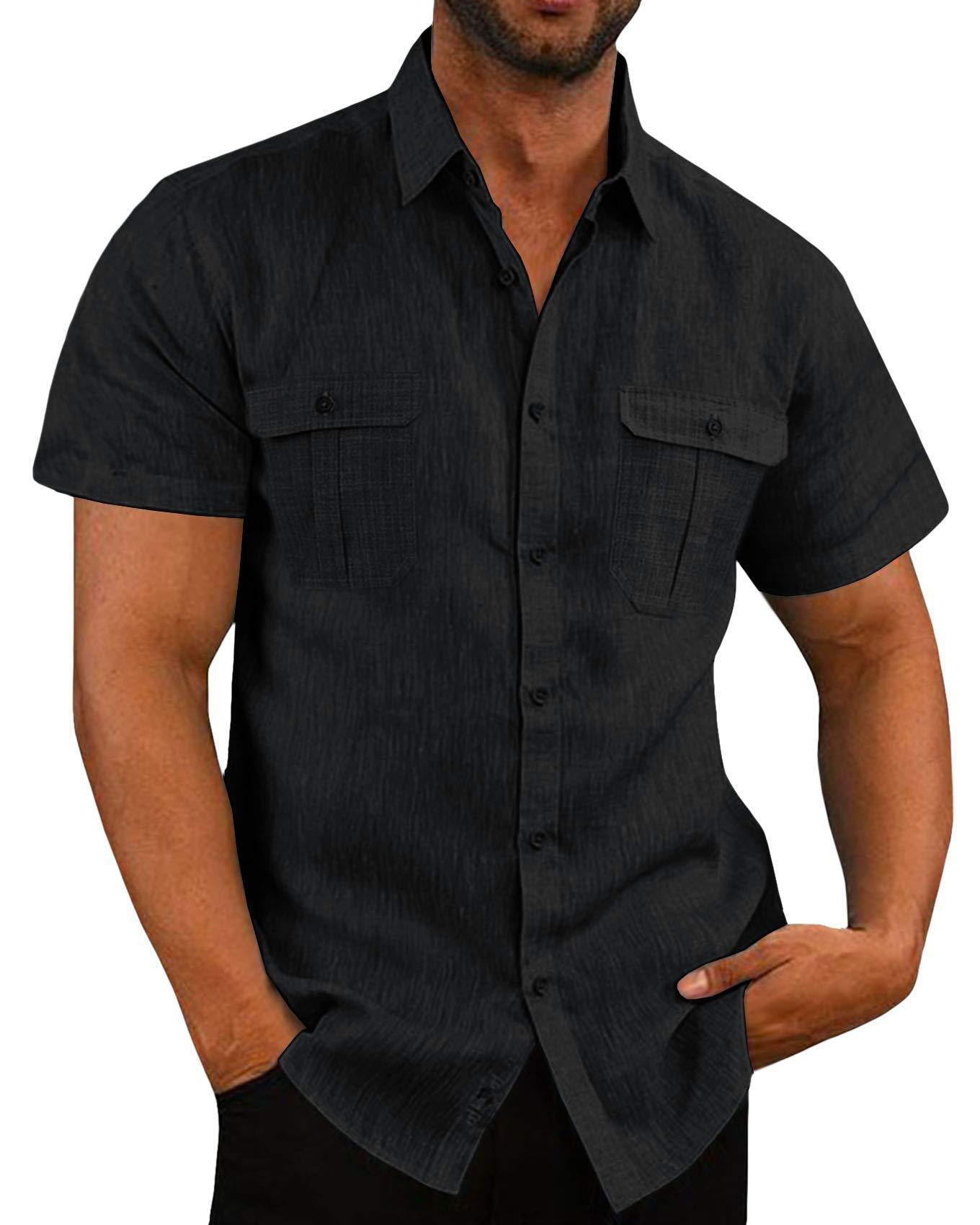 Herren-Kurzarmhemden aus Baumwollleinen mit zwei Taschen – Kaufen Sie 2 versandkostenfrei