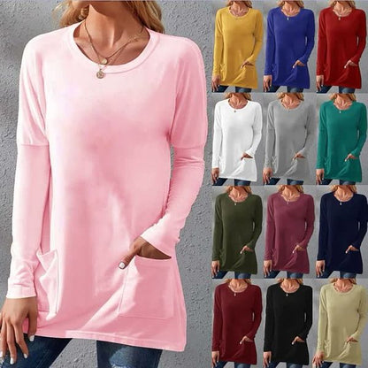 Langärmliges, lockeres, einfarbiges T-Shirt mit Rundhalsausschnitt und Taschen, lässige Damenbekleidung